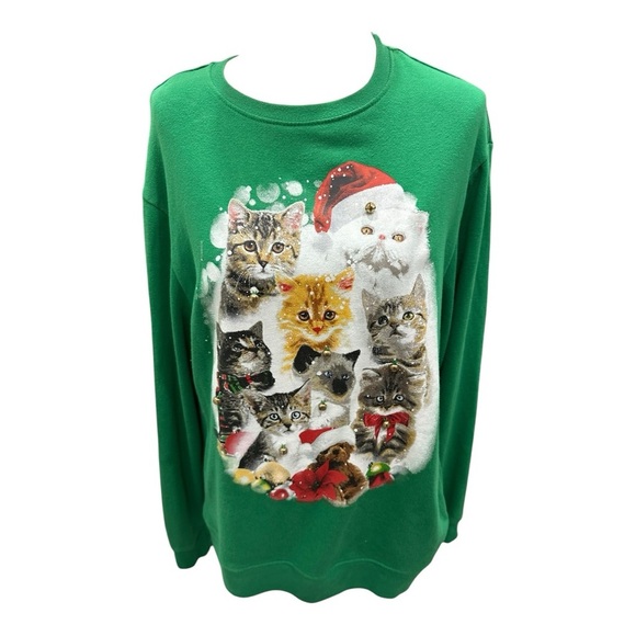 Fifth Sun Sweater Green Cat Ugly Christmas Pullover Bells Xmas L - Picture 1 of 7